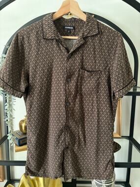 Express Mens XS Brown Black Leaf Print Rayon Button Up Short Sleeve Shirt Pocket